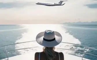 Woman in wide-brimmed hat on yacht deck watching private jet fly overhead across ocean horizon