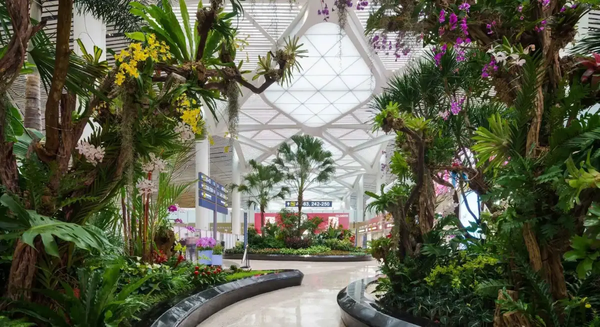 Lush tropical garden with orchids and palm trees inside modern airport terminal showcasing luxury travel experience