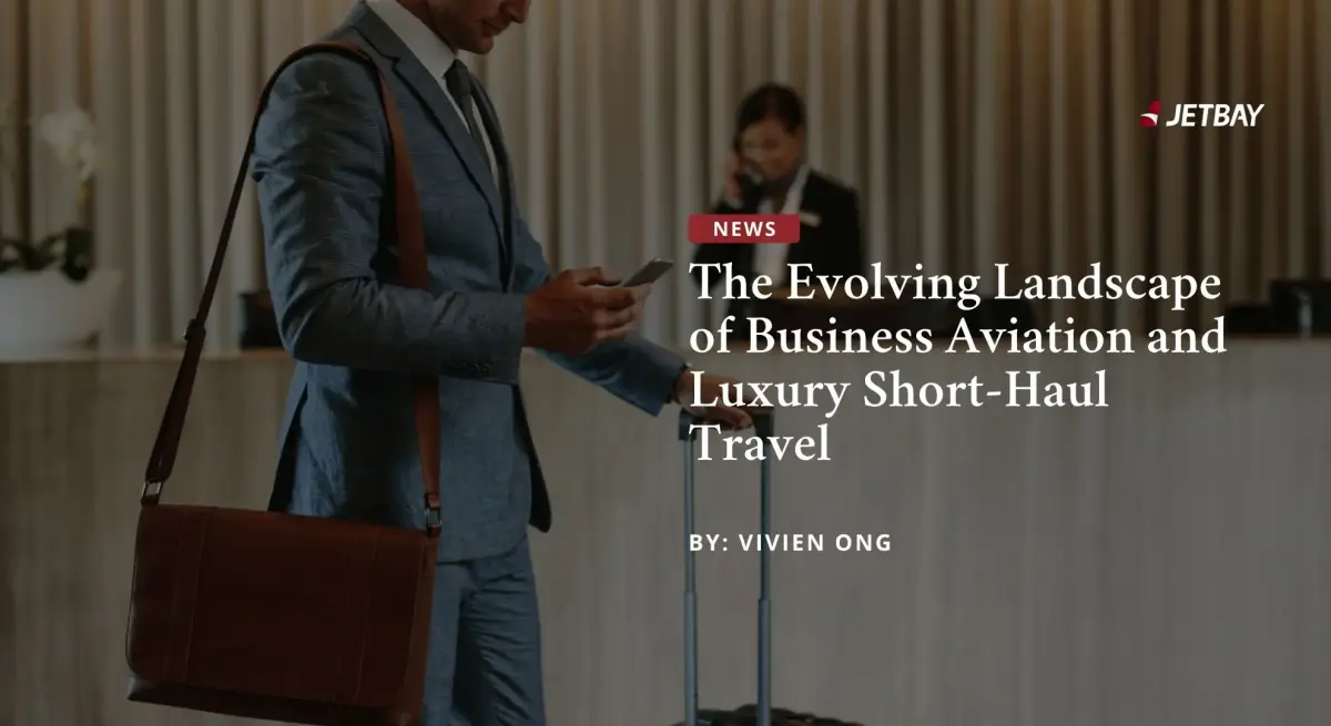 Business executive with luggage checking phone at airport terminal before private jet departure