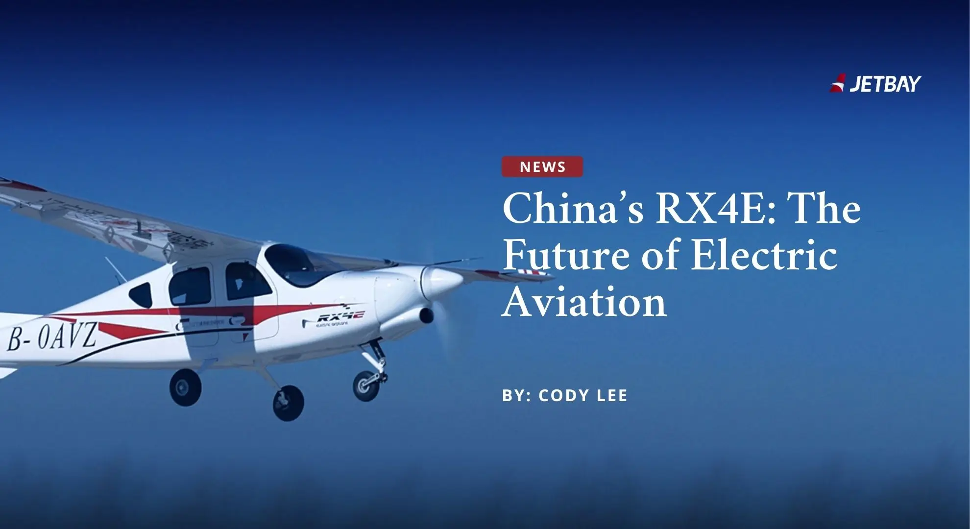 China's RX4E electric aircraft in flight against blue sky, showcasing sustainable aviation technology by JETBAY