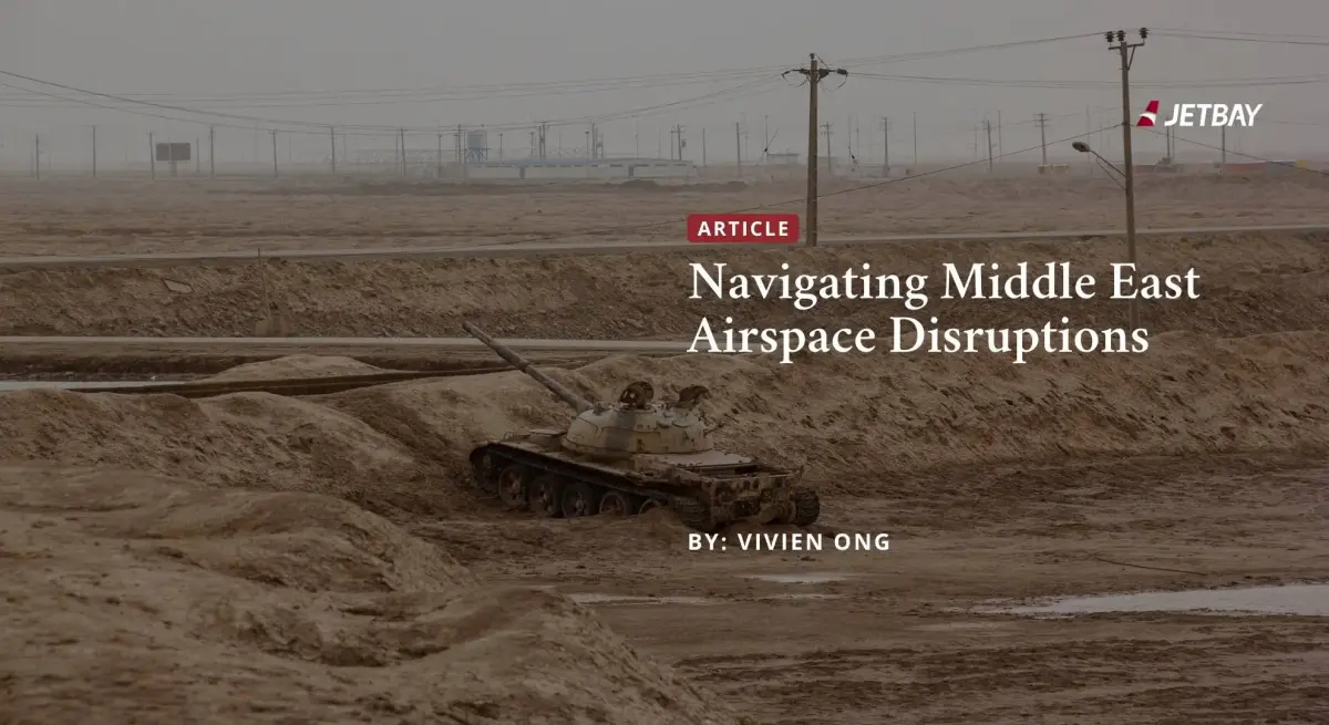 Desert landscape with abandoned military tank illustrating Middle East conflict zones affecting airspace