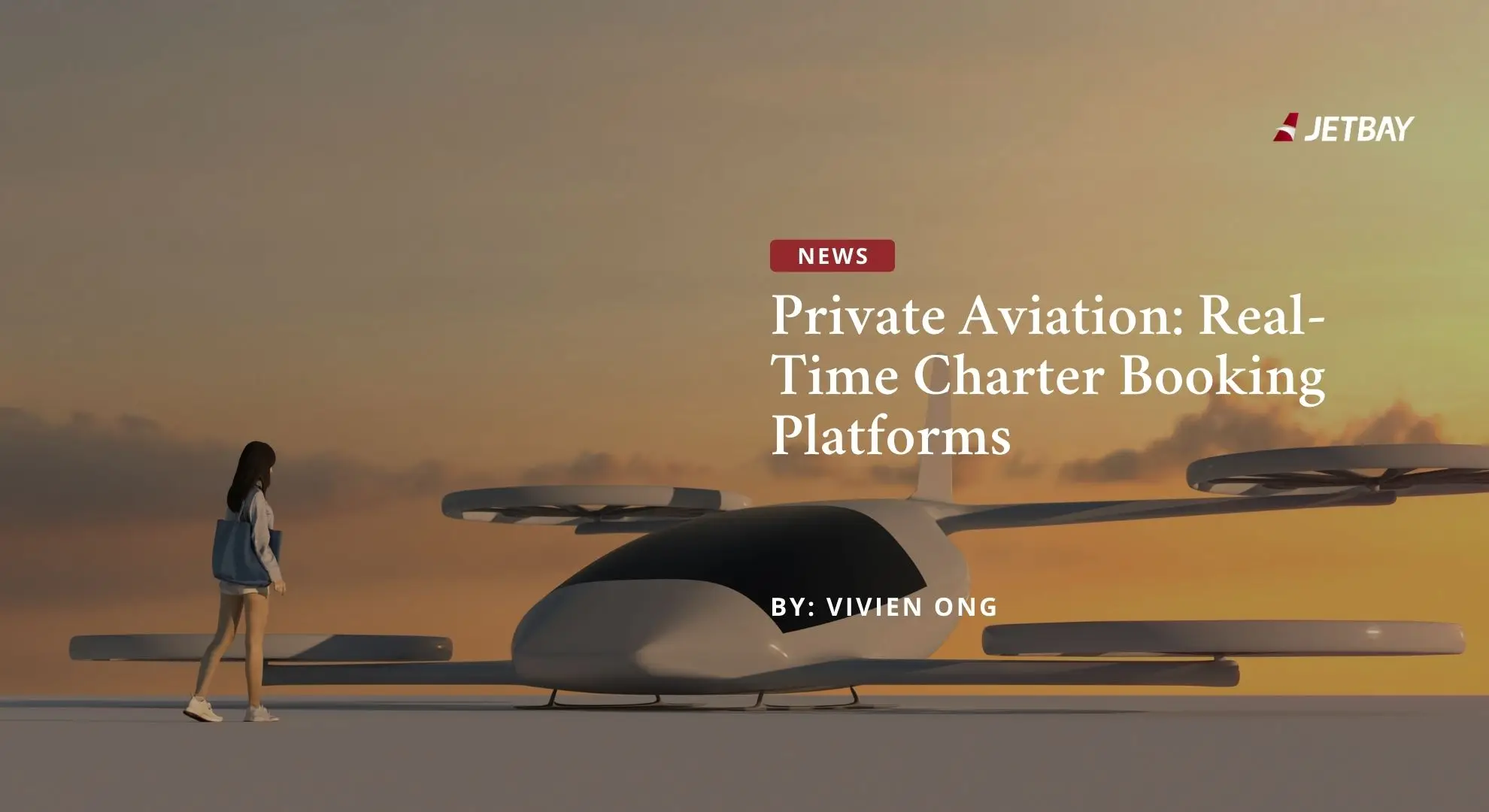 Futuristic electric aircraft on tarmac at sunset with passenger boarding, illustrating next-generation private aviation technology