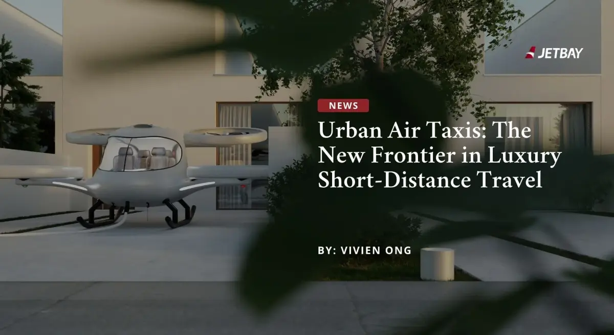 Futuristic white urban air taxi aircraft parked beside modern luxury residence with JETBAY branding