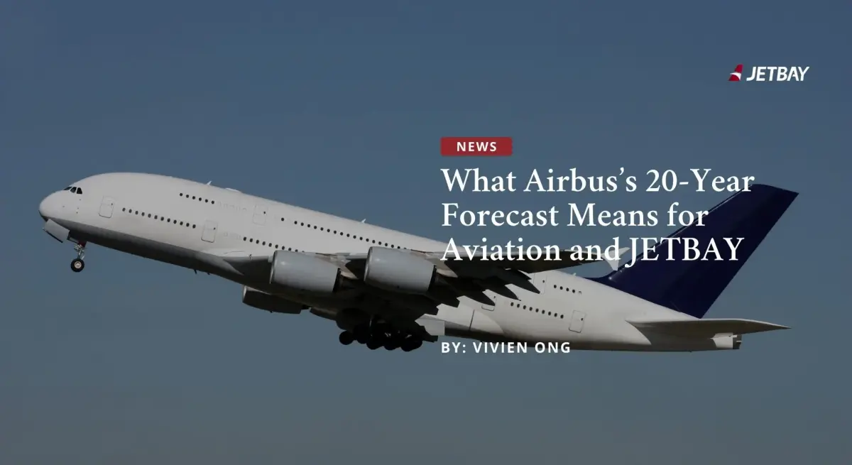 JETBAY news article header featuring Airbus A380 aircraft discussing aviation industry forecast trends