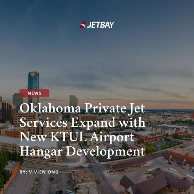 JETBAY news article cover showing Oklahoma City skyline at sunset highlighting private jet expansion