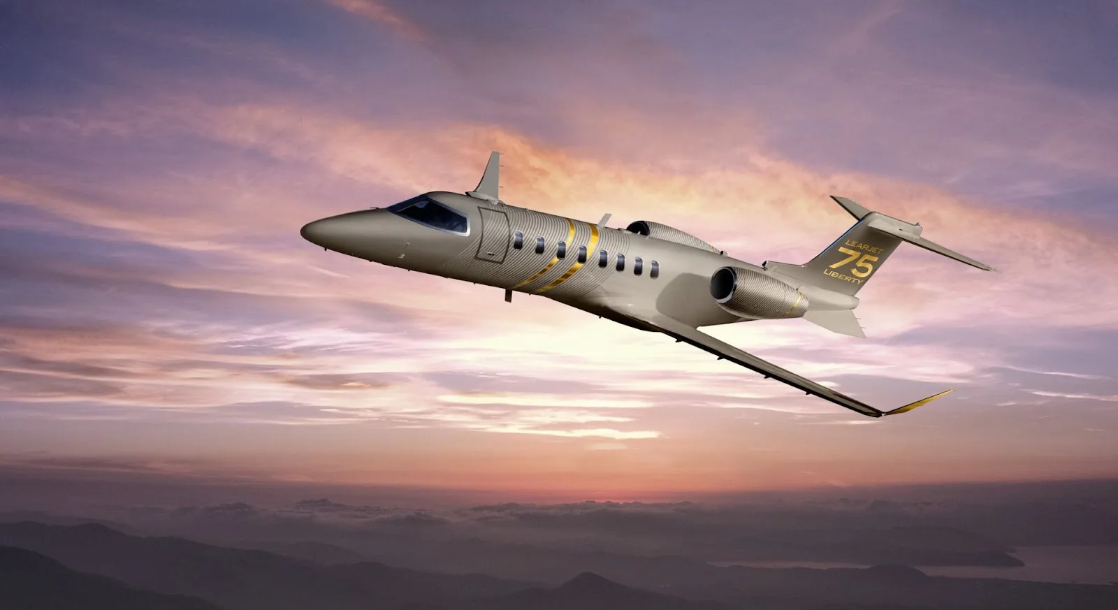 Learjet 75 Liberty soaring through dramatic sunset clouds, showcasing premium aircraft for Chicago-Miami routes