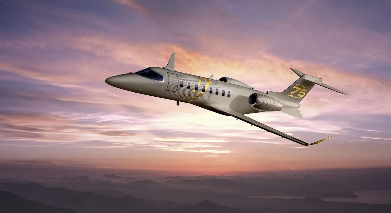 Learjet 75 Liberty soaring through dramatic sunset clouds showcasing premium empty leg charter opportunities