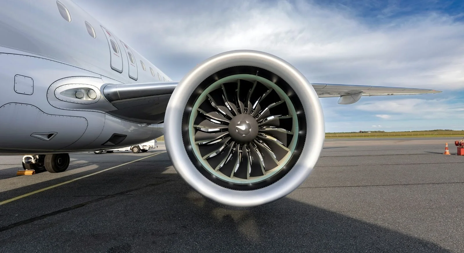 Close-up view of modern private jet engine turbine blades on airport tarmac ready for departure