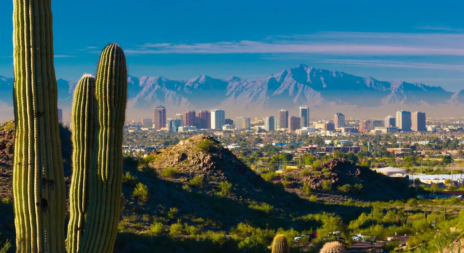 Phoenix skyline with towering saguaro cacti in foreground and mountain ranges beyond, showcasing Arizona desert luxury travel destination