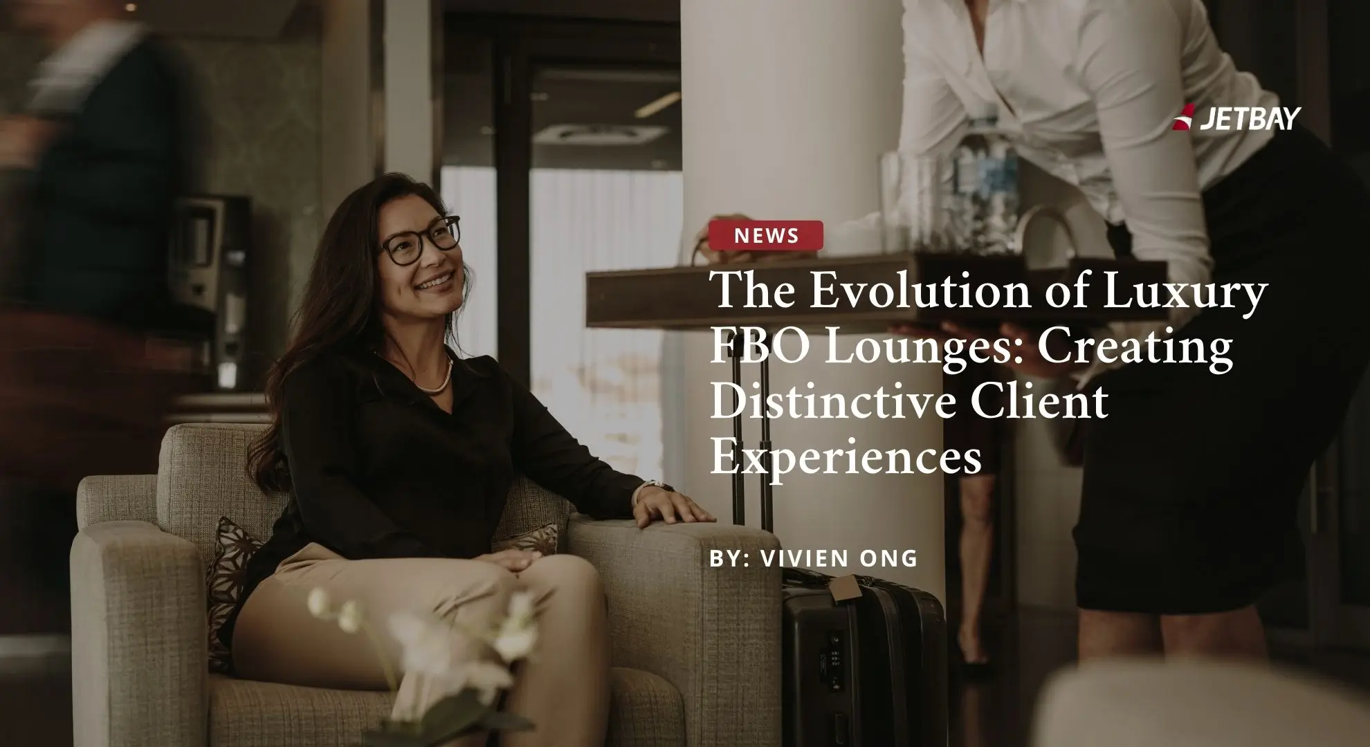 Professional woman relaxing in elegant FBO lounge seating with attentive service staff in background