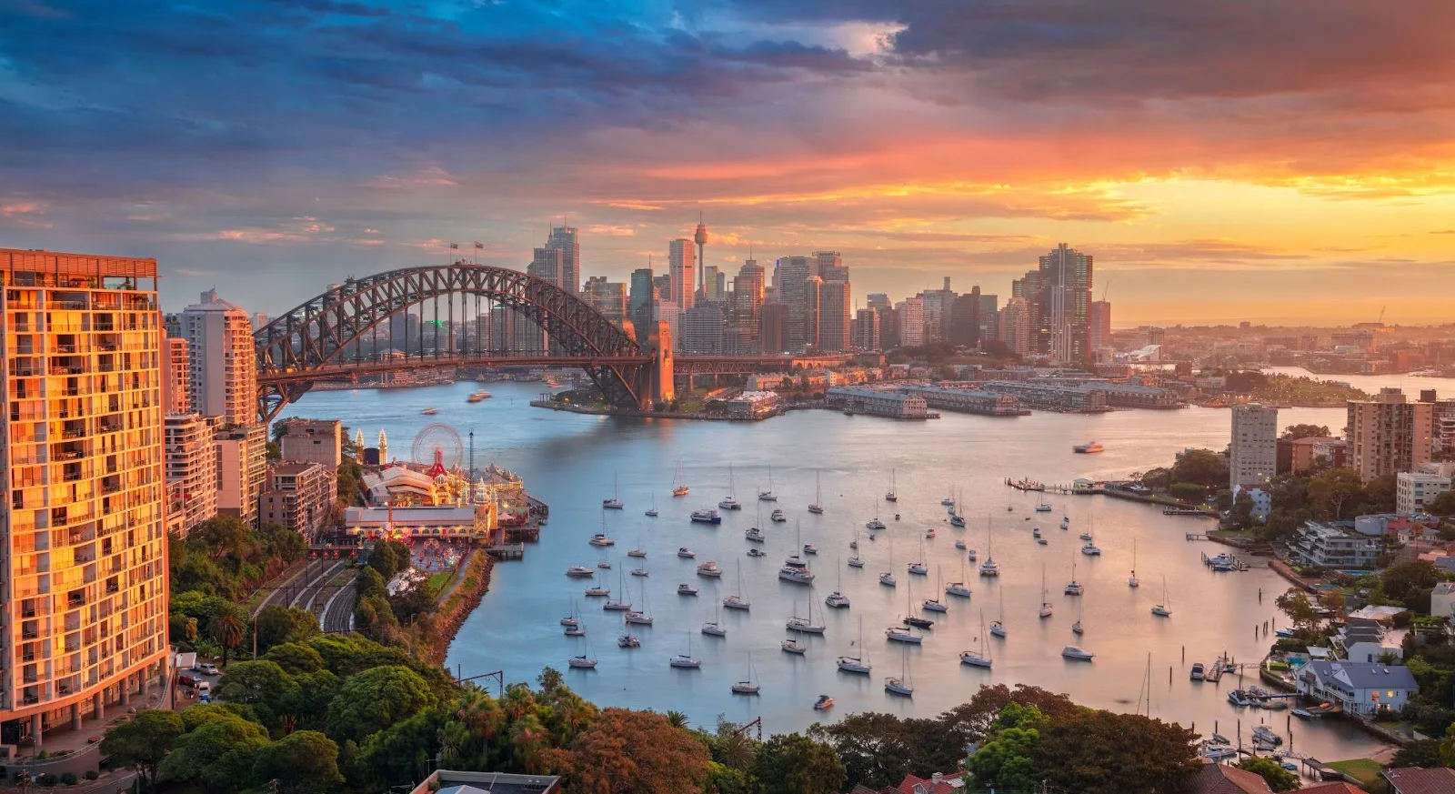 Sydney Harbor at sunset with iconic bridge and city skyline, showcasing premium destination for luxury jet travel