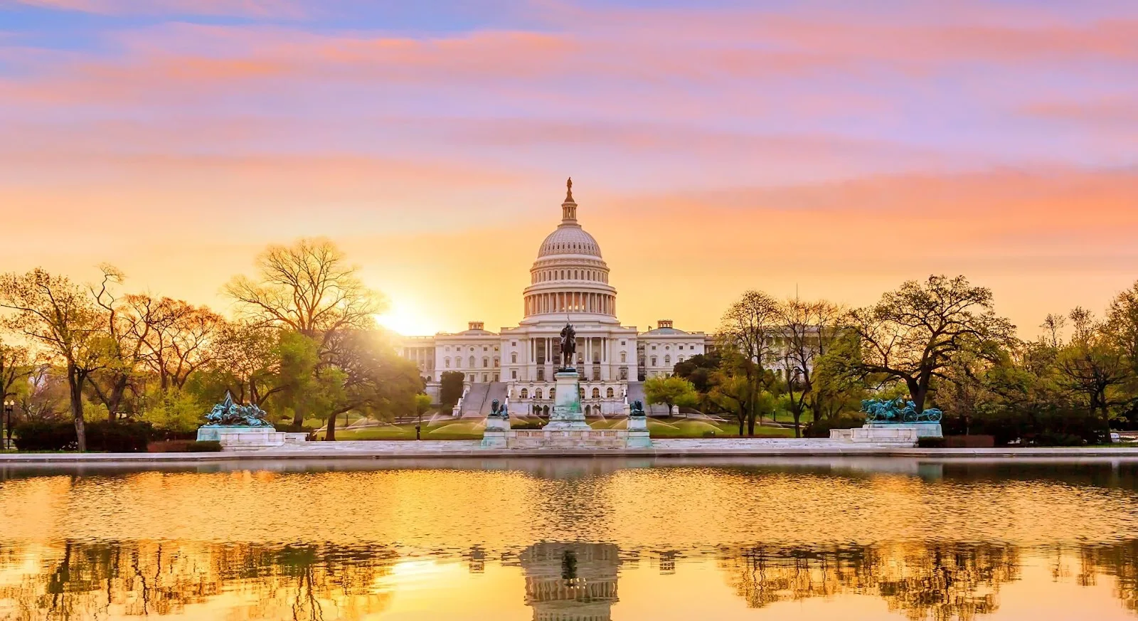 US Capitol Building at golden hour sunset with reflecting pool, showcasing Washington DC as premium destination