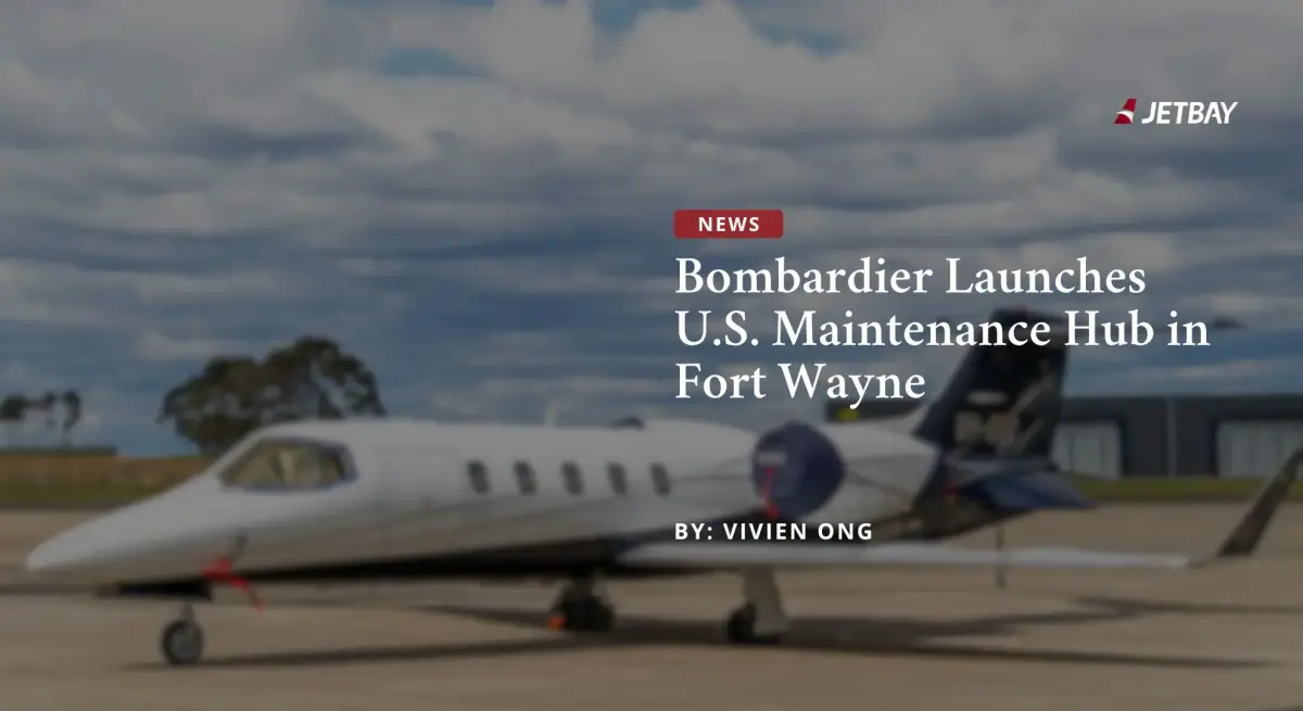 White Bombardier business jet parked at Fort Wayne maintenance facility with JETBAY news overlay
