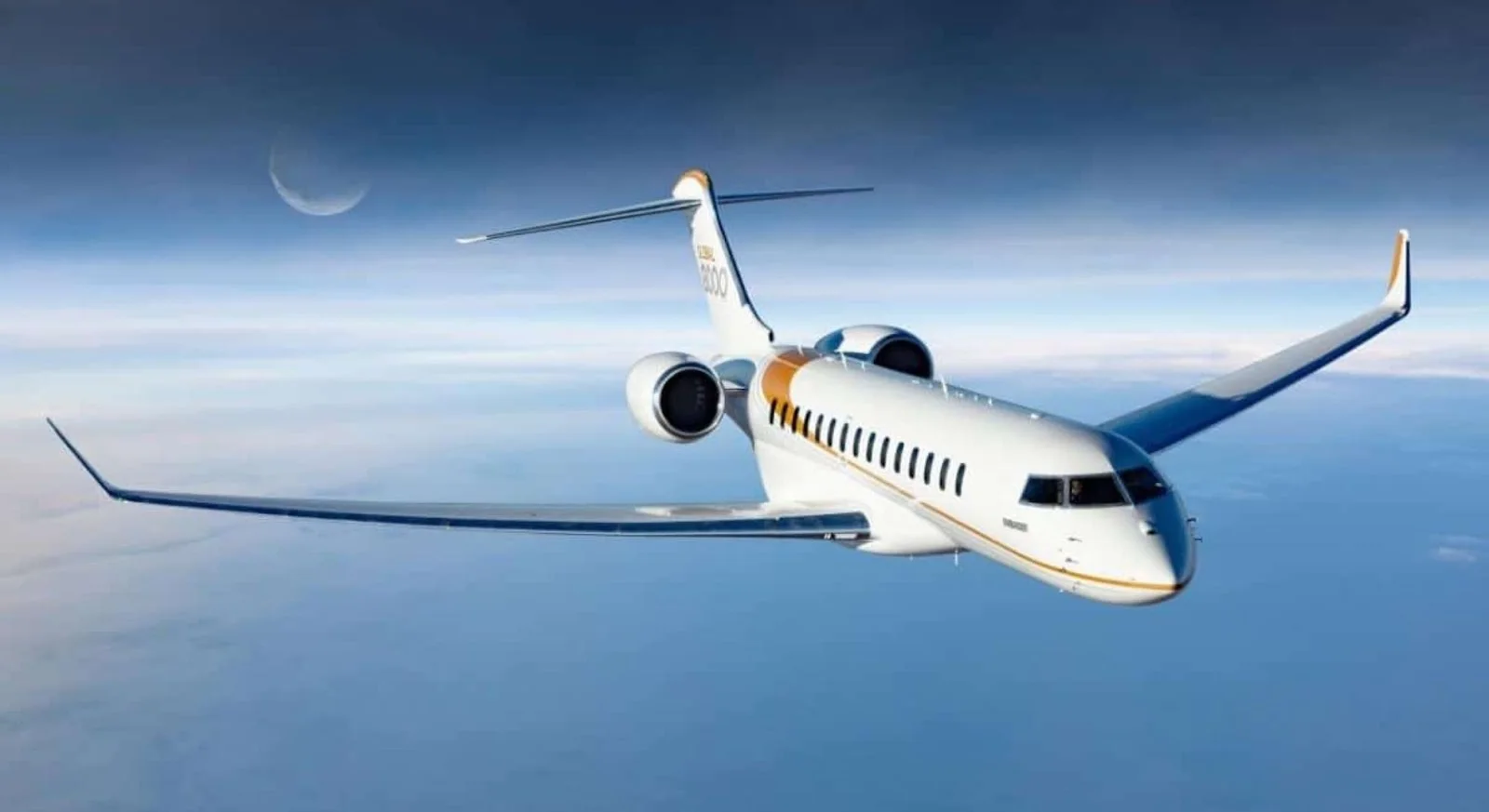 White luxury business jet soaring through blue skies with crescent moon, showcasing premium empty leg charter opportunities