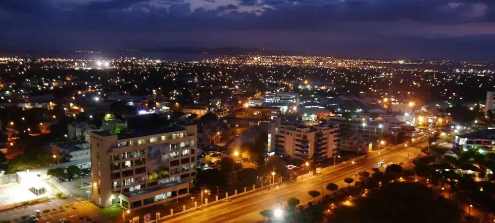 Aerial view of night lights in Kingston, Jamaica