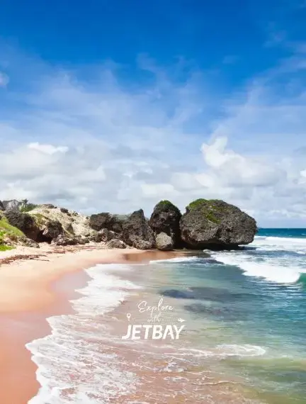 Bathsheba Beach in Barbados featuring dramatic rock formations, turquoise surf and golden sand at the famous Soup Bowl coastline