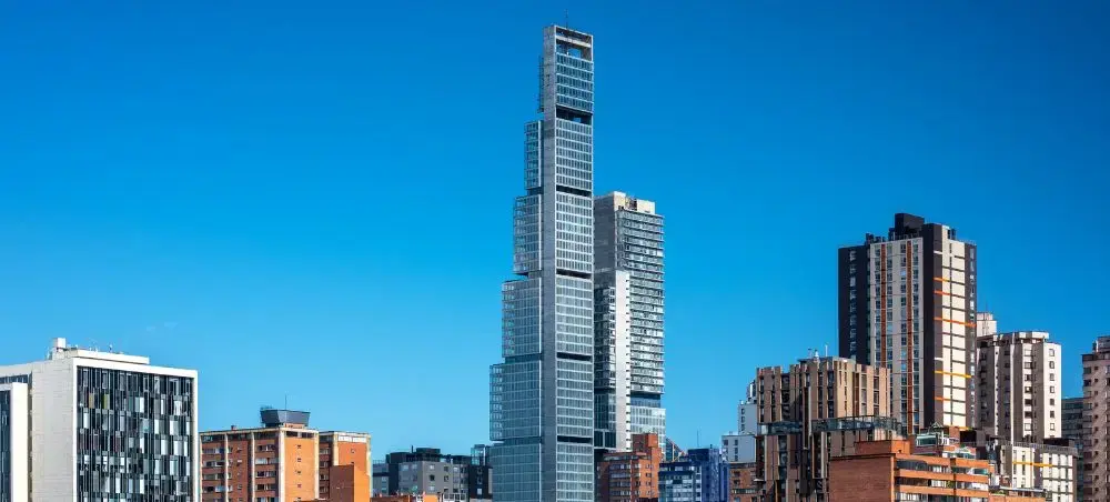 Modern business district in Bogotá Colombia with office towers and urban avenues