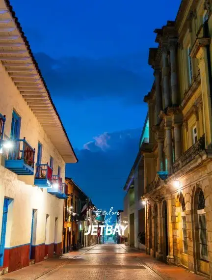 Historic colonial street in La Candelaria Bogotá Colombia