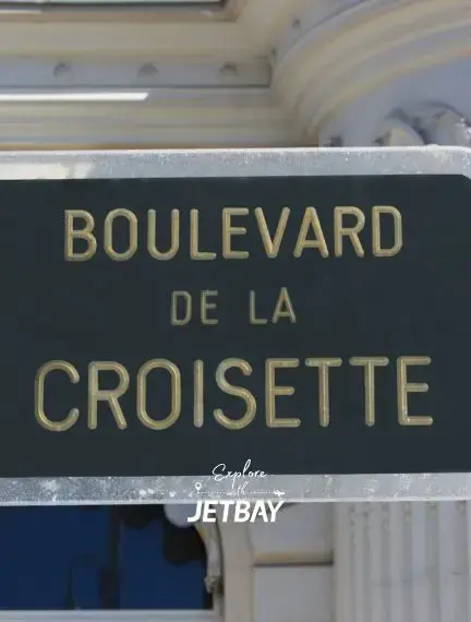 Boulevard de la Croisette street sign in Cannes, the iconic seafront avenue synonymous with luxury, the Film Festival, and elite private jet travel to the French Riviera