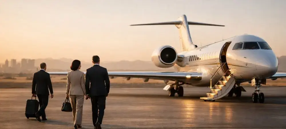 Private Jet departing from Houston with business executives in the foreground