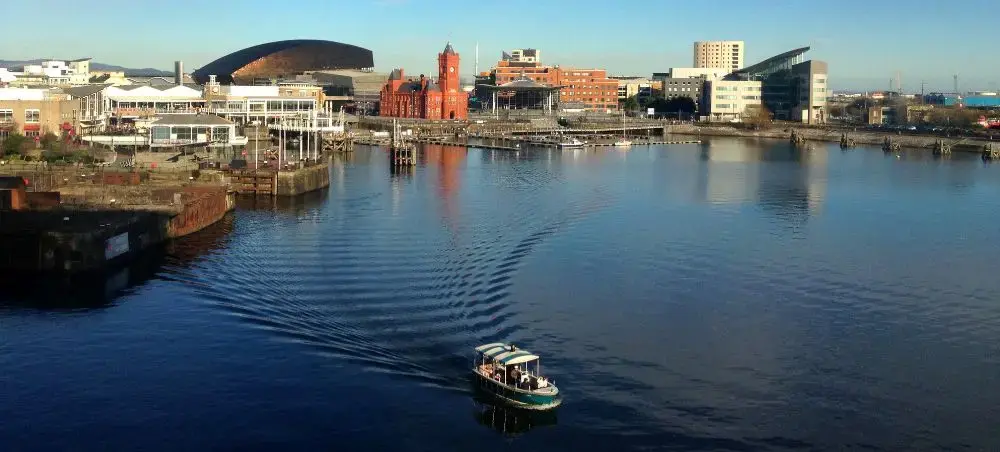 Cardiff Bay waterfront with the Pierhead Building and Wales Millennium Centre, a key destination for private jet travellers
