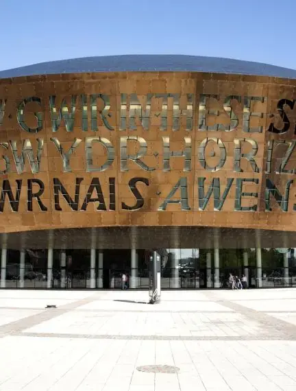 Wales Millennium Centre in Cardiff Bay, Wales, with its distinctive copper-coloured facade