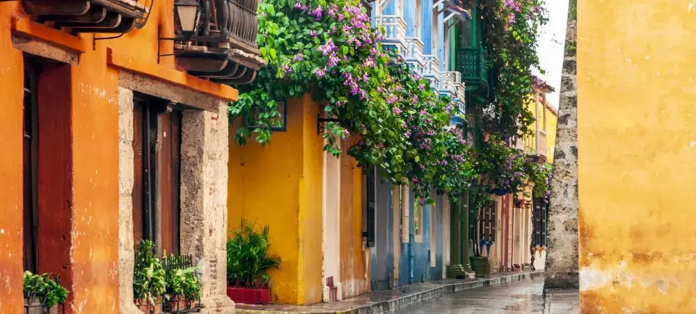 Colorful colonial street inside Cartagena’s walled city in Colombia