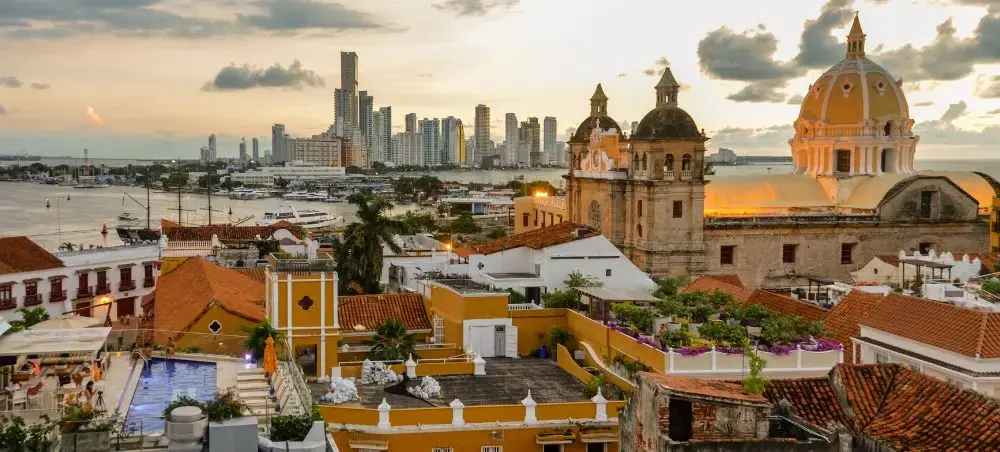 Sunset over Cartagena old city walls with the Caribbean coastline