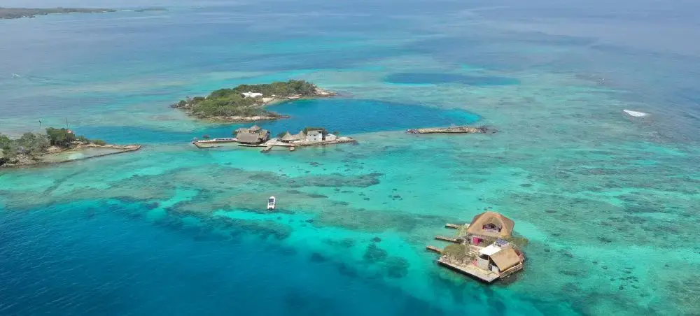 Clear Caribbean water and island coastline in the Rosario Islands near Cartagena Colombia