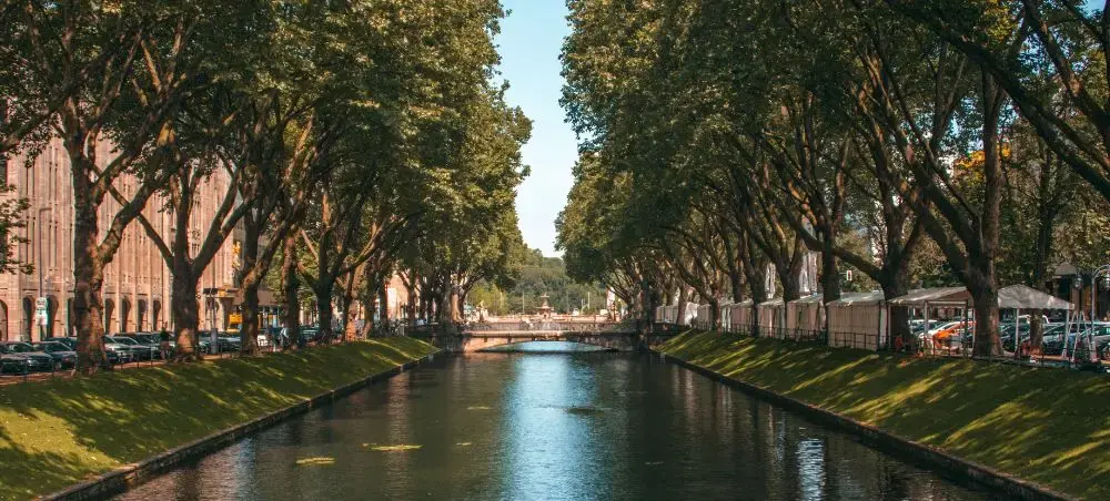 Königsallee canal and shopping boulevard in Düsseldorf, Germany, with trees and city architecture