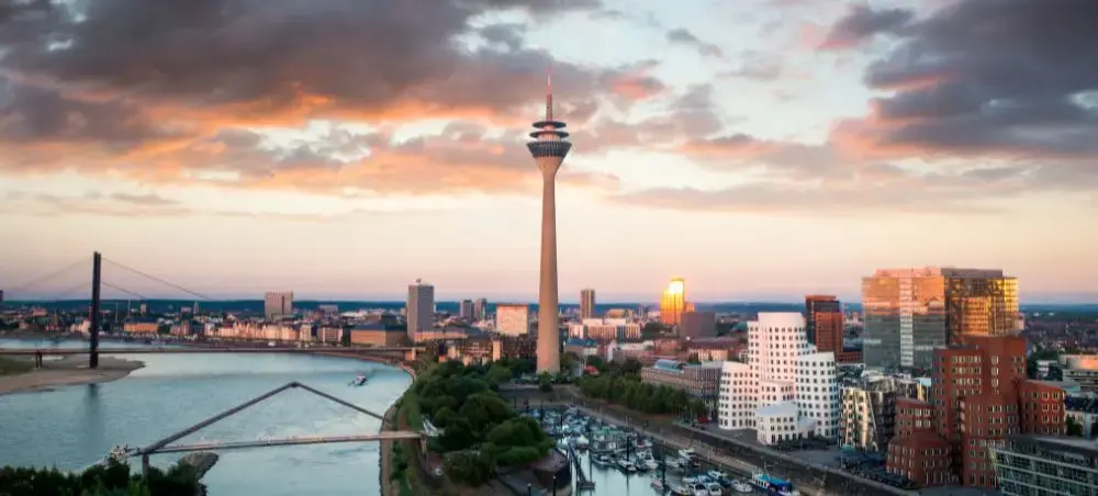 Düsseldorf skyline and Rhine riverfront in Germany with modern buildings and city views