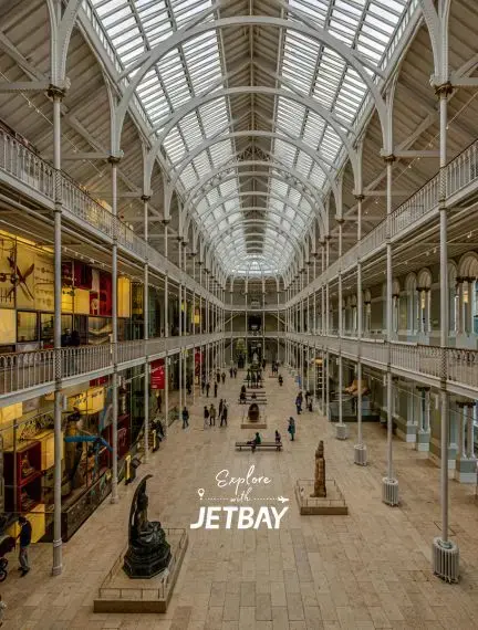Bright Victorian Grand Gallery inside the National Museum of Scotland in Edinburgh
