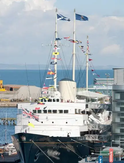 The Royal Yacht Britannia moored beside the waterfront at Leith in Edinburgh