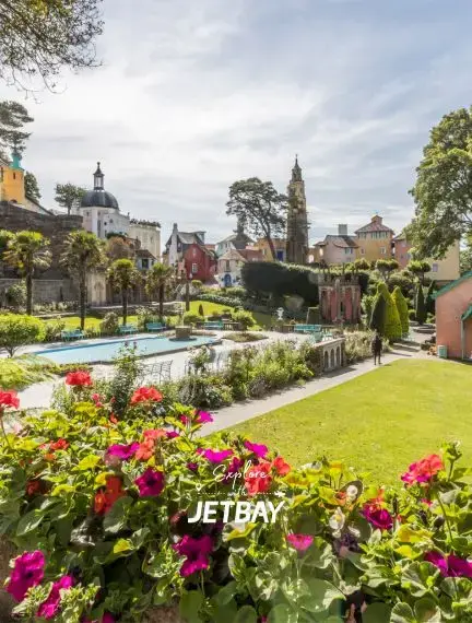 Colourful Italianate buildings and gardens at Portmeirion near Eryri, Wales