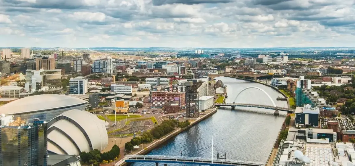 Aerial view of Glasgow city centre and the River Clyde with the iconic Clyde Arc bridge in Scotland