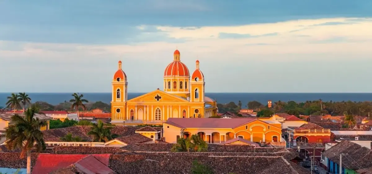 Panorama of Granada at sunset with the Nicaragua lake in the background
