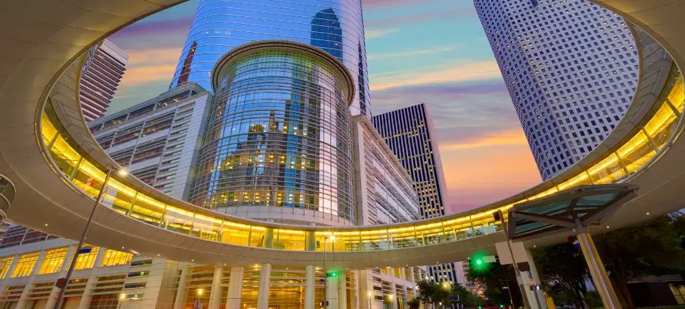 Office towers in Houston’s business district, reflecting the city’s role in energy and corporate travel
