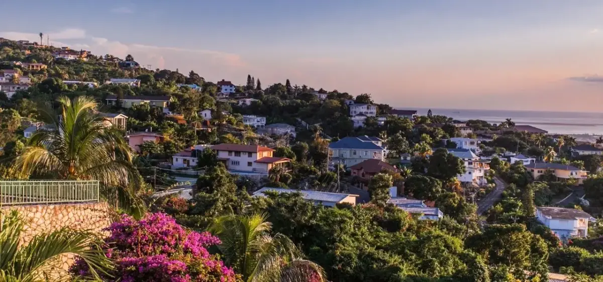 Aerial view of Kingston, Jamaica with the harbour and Blue Mountains in the background