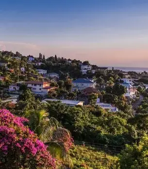 Aerial view of Kingston, Jamaica with the harbour and Blue Mountains in the background