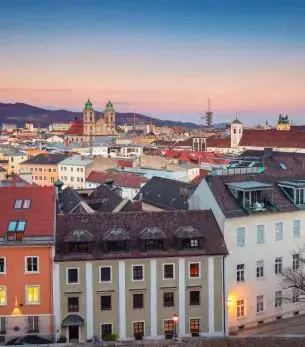 Aerial view of Linz-Land District in Upper Austria with towns, fields, and roads near Linz