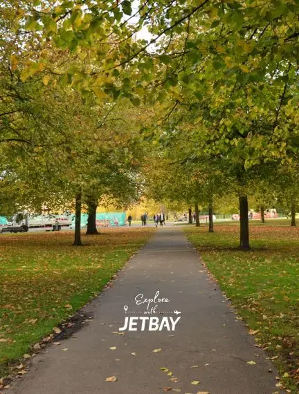 Hyde Park in London with trees, paths, and open green space