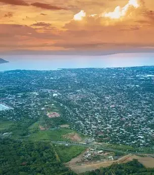 Aerial view of Managua, Nicaragua with Lake Xolotlán and the city skyline