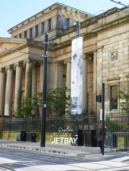 Classical stone façade of Manchester Art Gallery on Mosley Street in the city centre