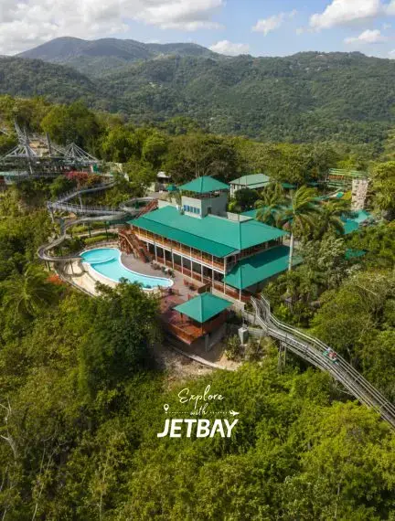 Aerial view of Mystic Mountain rainforest attraction in Ocho Rios Jamaica, featuring bobsled run, pool, and lush tropical hillside