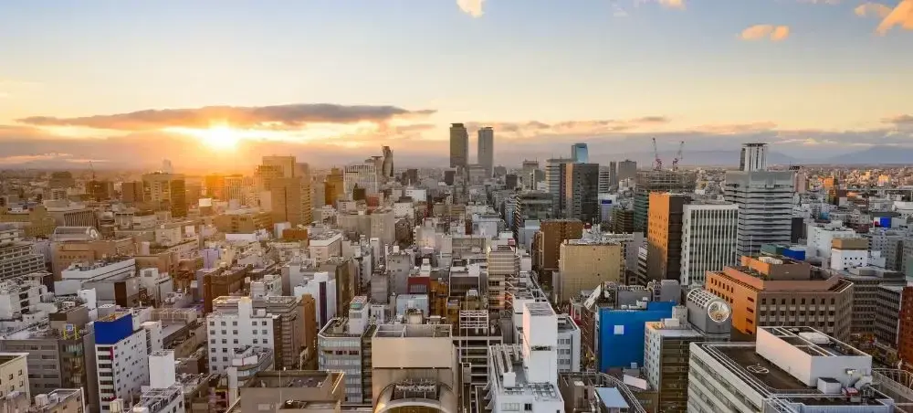 Nagoya business district in Japan with office towers and city skyline
