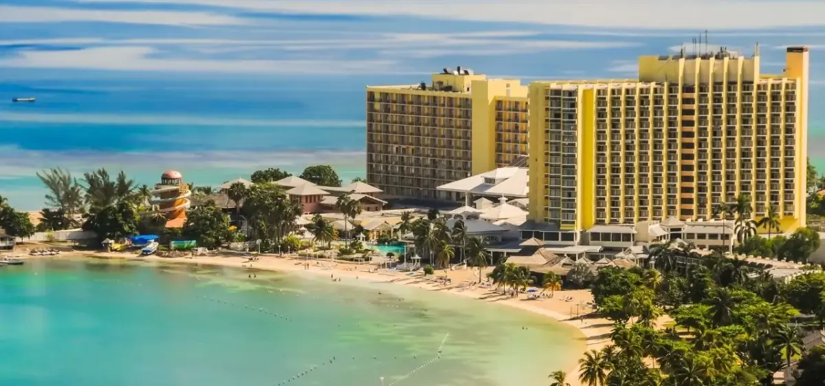 Aerial view of a luxury beachfront resort in Ocho Rios, Jamaica