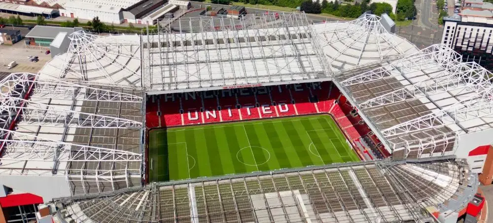 Aerial view of Old Trafford stadium in Manchester, home of Manchester United, surrounded by the city skyline