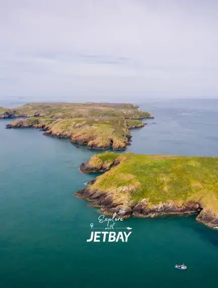 Skomer Island off the Pembrokeshire coast with cliffs, sea and wildlife habitat