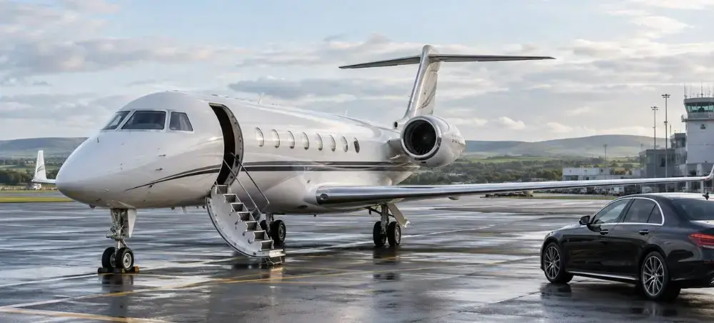 Large cabin private jet with airstairs deployed on wet tarmac beside a black luxury saloon car, ready for charter to Bath