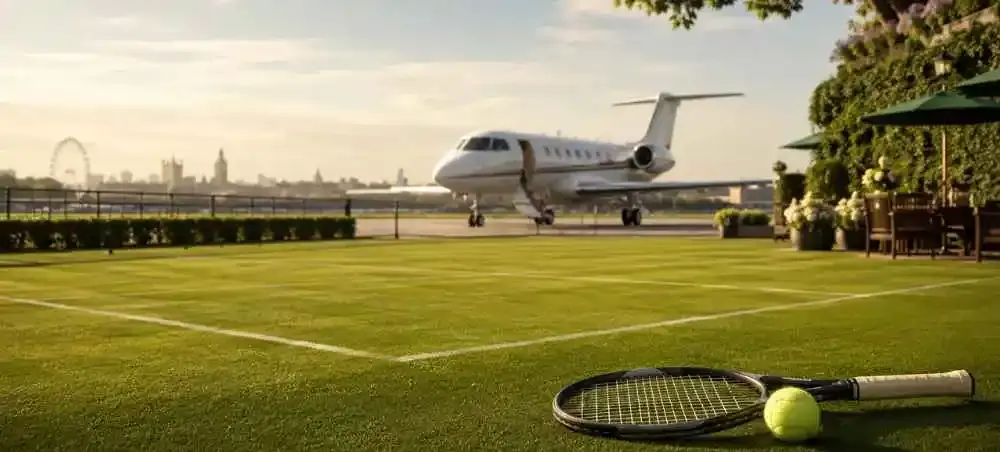 Private jet parked beside a manicured grass tennis court with a London skyline backdrop, evoking luxury travel to the UK